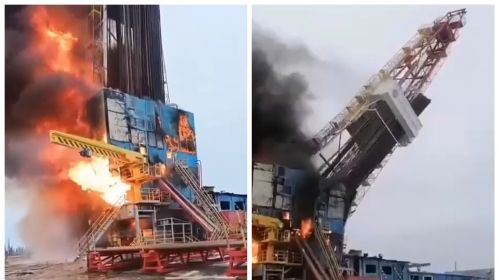 Пажар на нафтагазавым радовішчы ў Ямала-Ненецкай аўтаномнай акрузе, Расея. 10 траўня 2025 года. Калаж: Faktologia.com