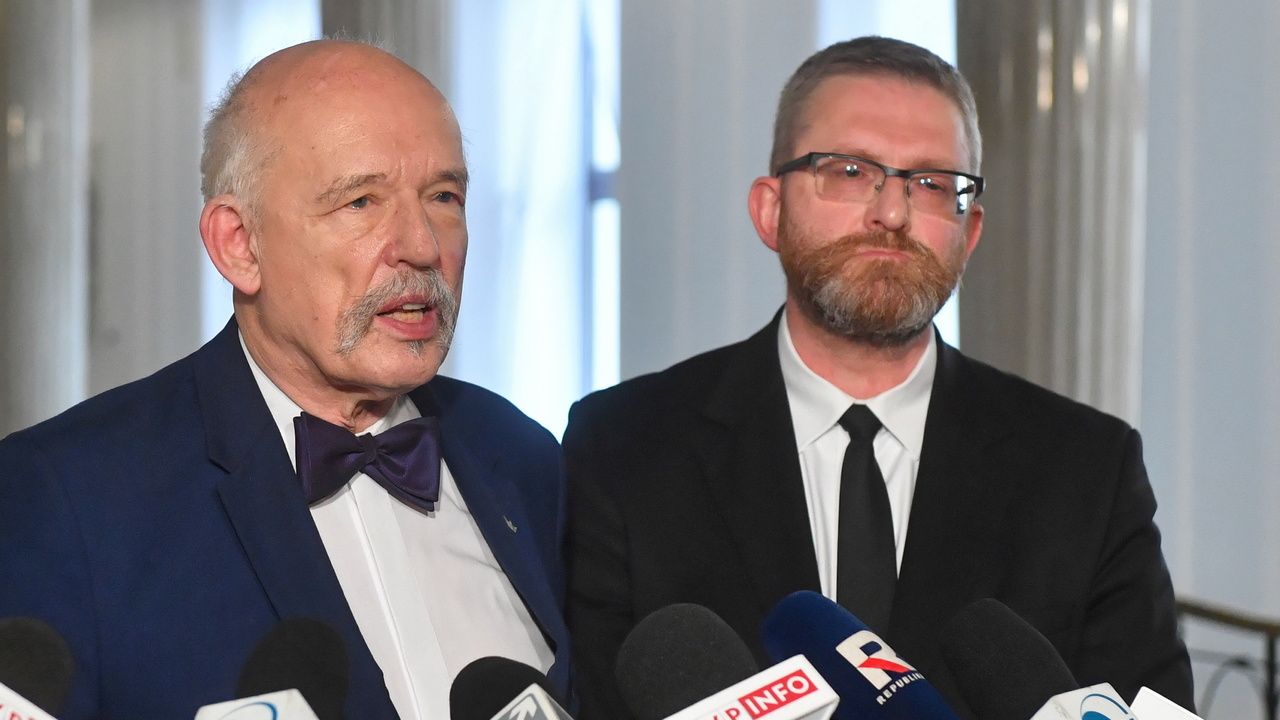 Posłowie Konfederacji Janusz Korwin-Mikke i Grzegorz Braun (fot. PAP/Radek Pietruszka)