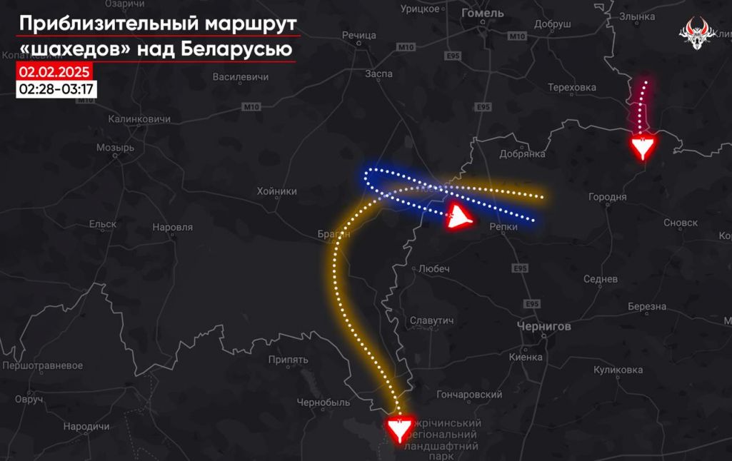 Маршрут руху беспілотнікаў над Беларуссю ўначы 2 лютага. Крыніца: Беларускі Гаюн / Telegram