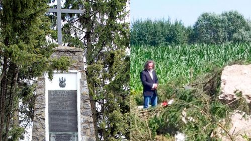 Помнік у гонар ваяроў Арміі Краёвай у вёсцы Стрыеўка Гарадзенскага раёну да і пасля яго дэмантажу. Ліпень 2022. Калаж паводле крыніцы: Znadniemna.pl