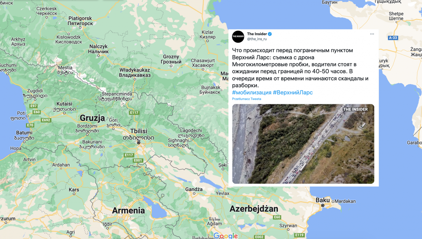Mężczyźni wyjeżdżają z Rosji by uniknąć wysłania na front (fot. Google Maps, Insider)