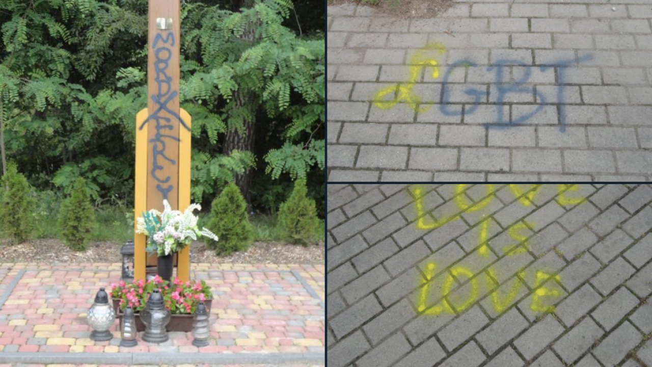 Borówiec. Kto sprofanował przydrożny krzyż i pomazał chodnik (fot. Bartłomiej Wróblewski) Borówiec. Kto sprofanował przydrożny krzyż i pomazał chodnik (fot. Bartłomiej Wróblewski)