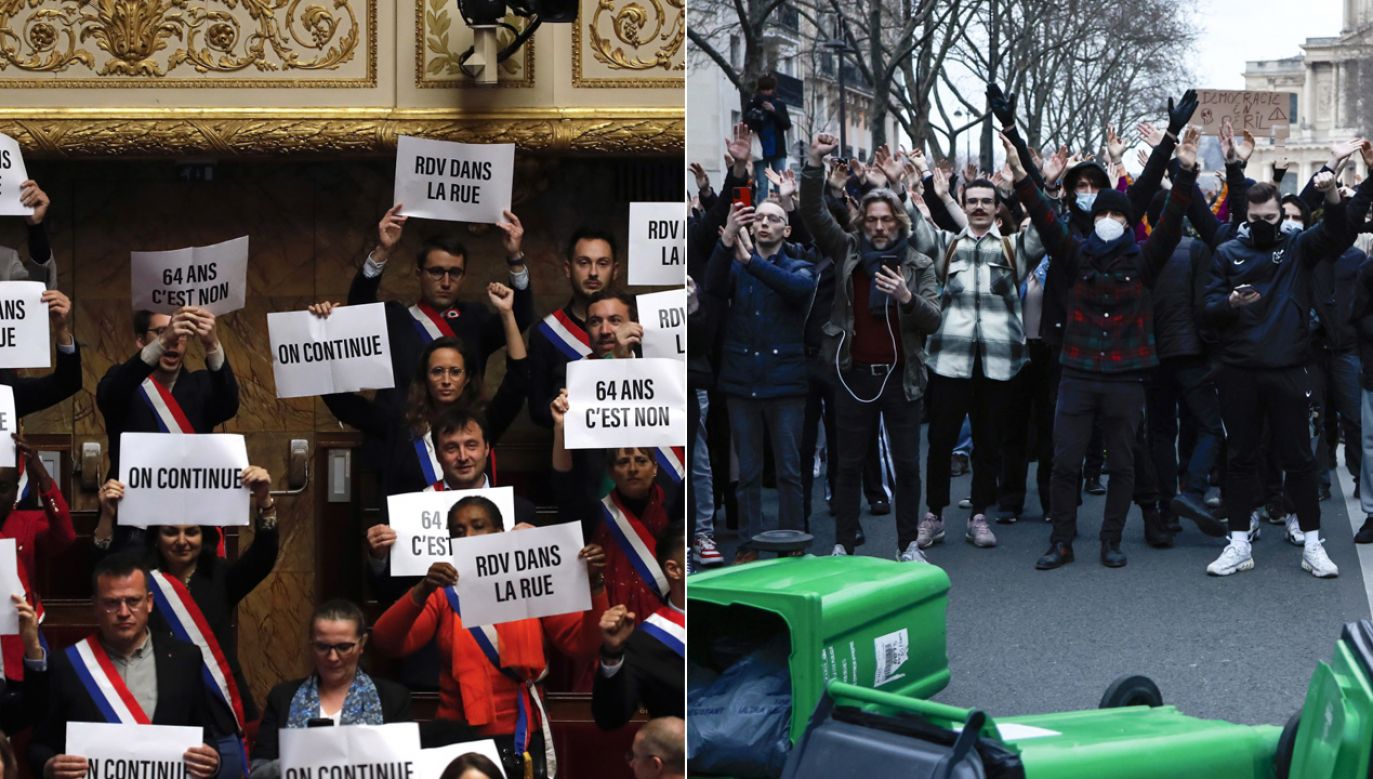 Rząd Francji zachował stanowisko, a reforma emerytalna została przyjęta, na wieść o tym w stolicy Francji doszło do kolejnych starć z policją (fot.  PAP/EPA/TERESA SUAREZ, PAP/EPA/CHRISTOPHE PETIT TESSON)