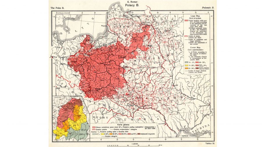Tablica XI z Atlasu Romera, wydanie z 1921 roku, ukazująca ziemie zamieszkane przez Polaków. Fot. Wikimedia/Maproom - Own work, CC BY-SA 3.0