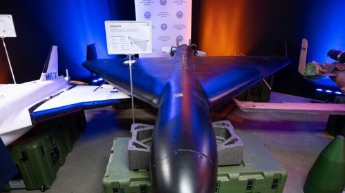 The Iranian drone Shahed-136 (Geran-2), used by Russia in the war against Ukraine, is presented at an exhibition of the Ministry of Internal Affairs of Ukraine in Kyiv, Ukraine, May 28, 2025. Photo: Danylo Antoniuk / Ukrinform via Getty Images