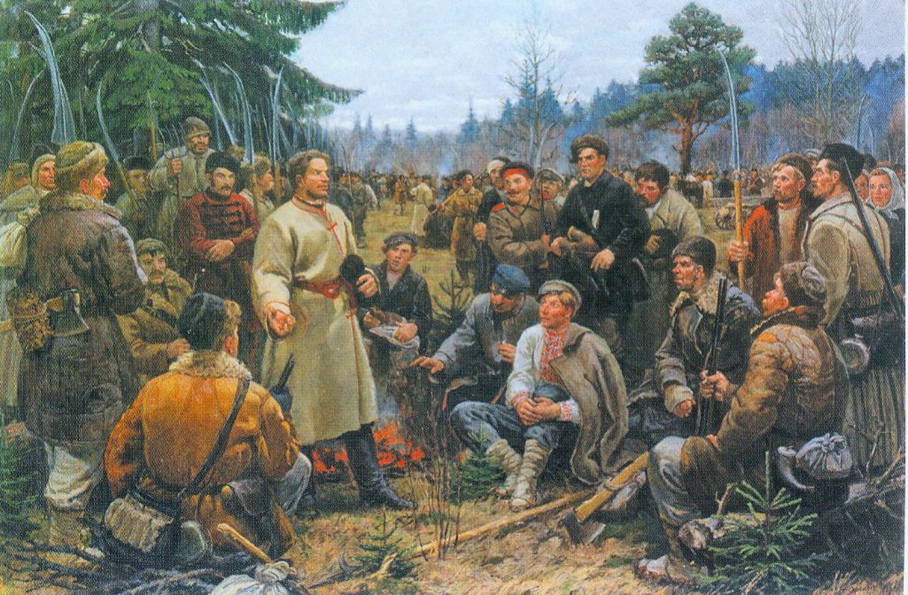 Кастусь Каліноўскі сярод паўстанцаў 1863 года. Мастак – Пётра Сергіевіч. 1955 год. Крыніца: be-tarask.wikipedia.org