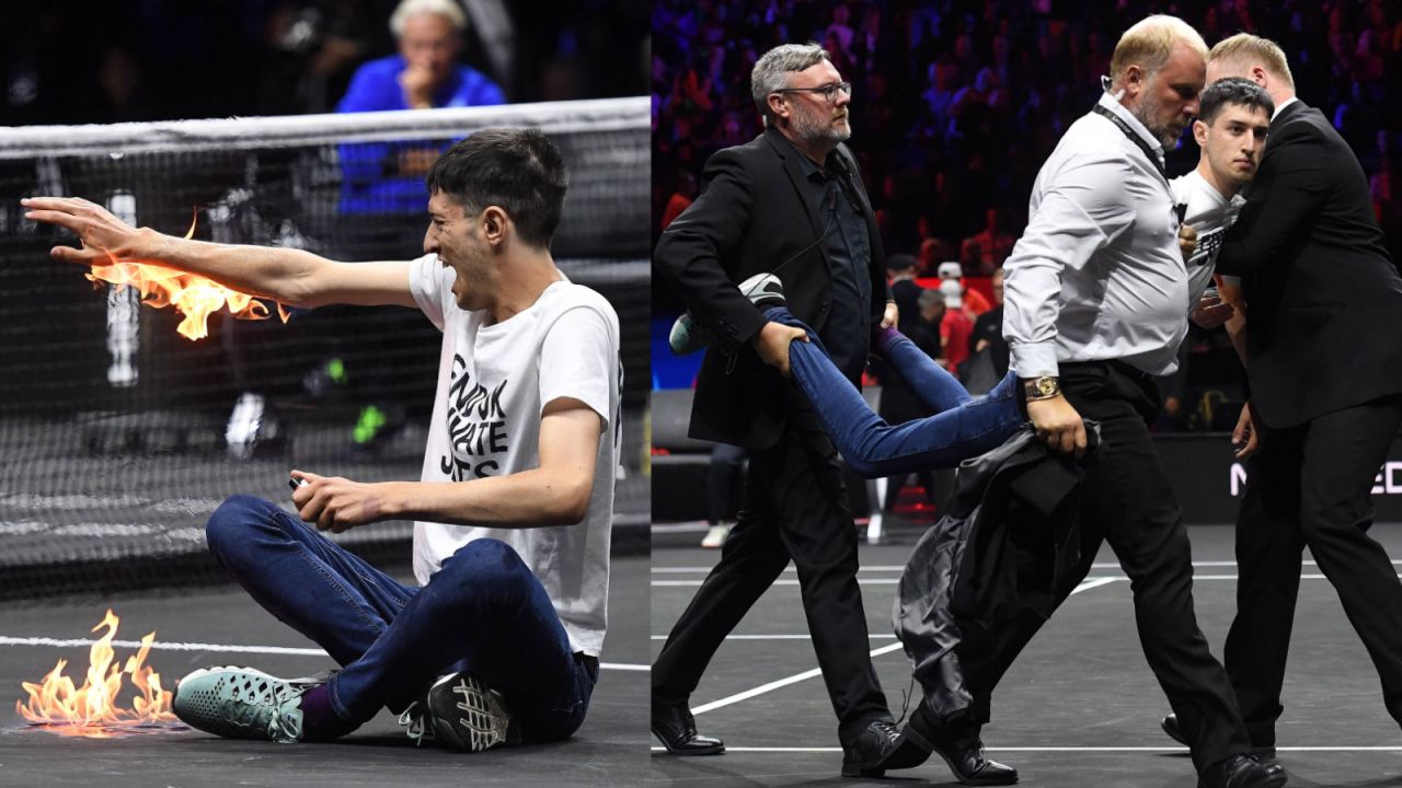 Szok podczas Laver Cup. Aktywista podpalił się na korcie [WIDEO] | TVP