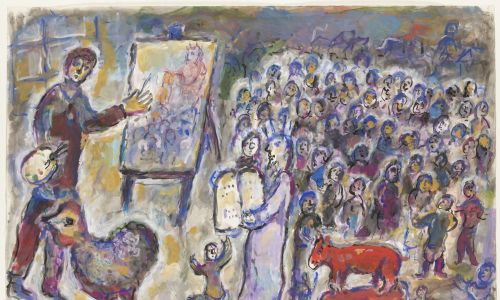 The Visit of Moses and the Golden Calf in the Workshop (La visite de Moïse et du veau d’or dans l’atelier ), ca. 1976 – gouache, ink, colored inks, tempera, cream paper. In the collection of the National Museum in Warsaw. Photo: Igor Oleś / National Museum in Warsaw   © ADAGP, Paris, 2022