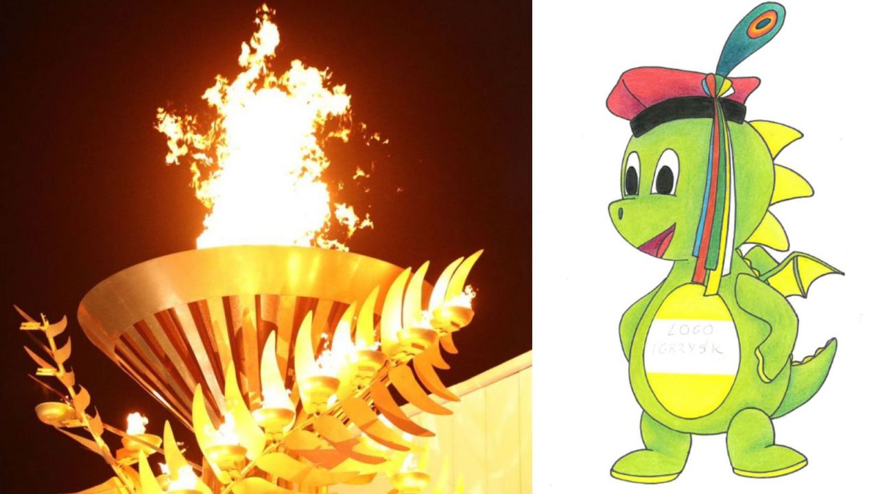Znicz olimpijski (fot. Getty Images), maskotka igrzysk europejskich 2023 (mat. prasowy)