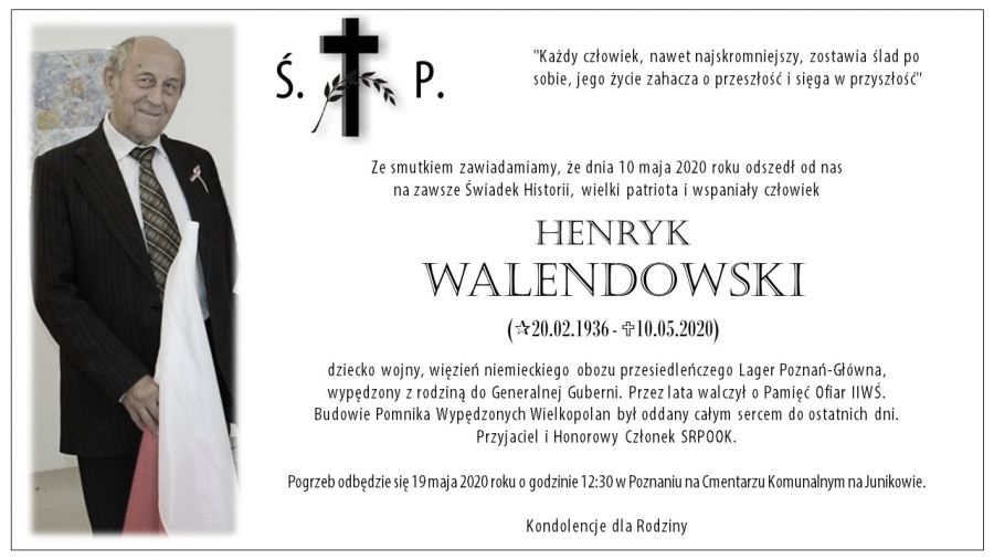 Zmarł Henryk Walendowski. Prezes Stowarzyszenia Budowy Pomnika Wypędzonych w Poznaniu miał 84 lata