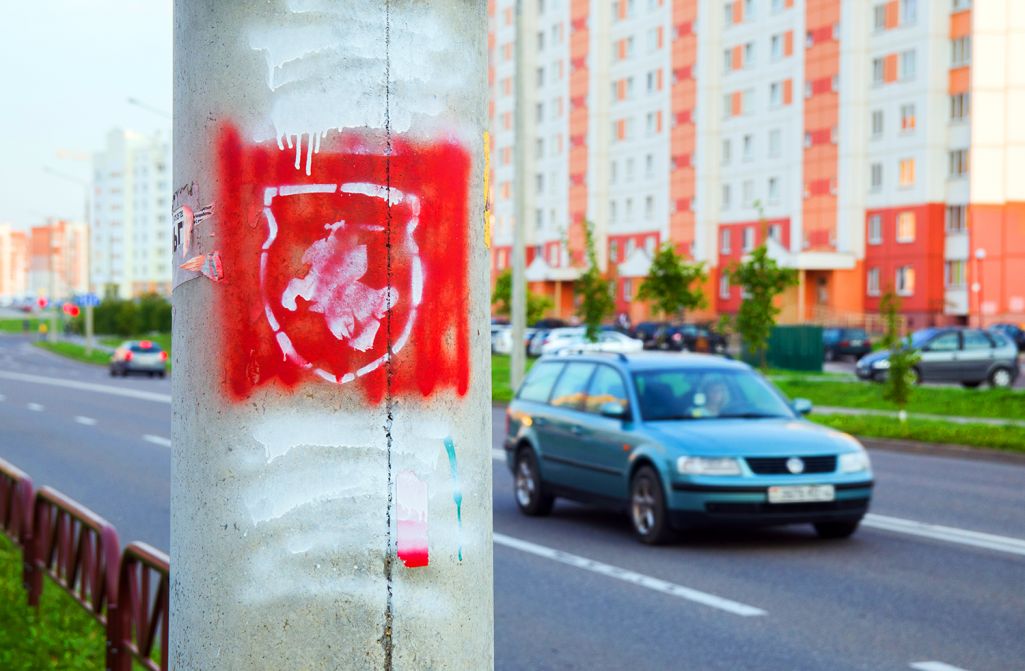 «Пагоня» на слупах мкр. Альшанка ў Горадні. (Фота: Саша Праўдзіна)