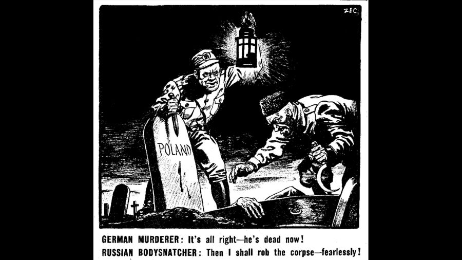 Komentarz rysunkowy opublikowany w brytyjskim dzienniku „Daily Mirror” 20 września 1939 roku, trzy dni po napaści ZSRR na Polskę. „Niemiecki morderca” nad grobem Polski mówi: „W porządku – już nie żyje!”. „Rosyjski porywacz ciał” (w tym kontekście raczej „hiena cmentarna”) odpowiada: „Dlatego obrabuję zwłoki bez strachu!”. Fot. Daily Mirror/Mirrorpix/Mirrorpix via Getty Images