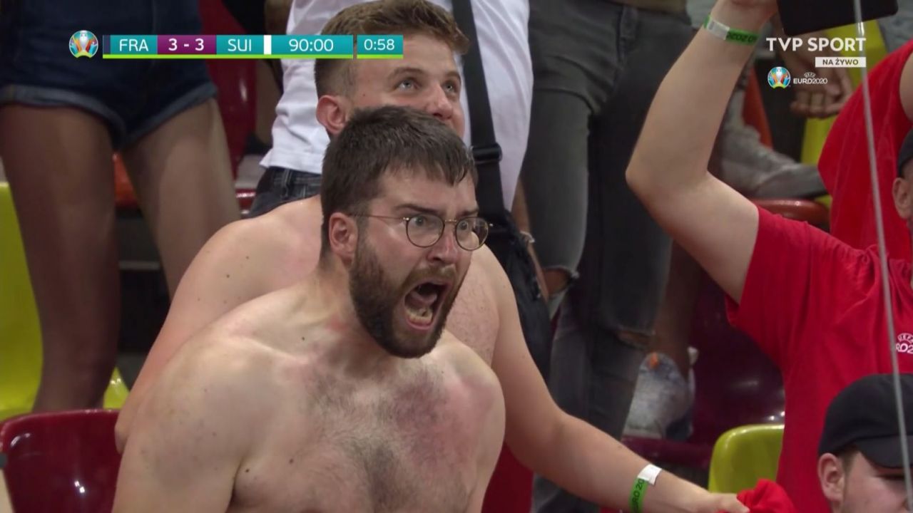 Kibic reprezentacji Szwajcarii podczas meczu z Francją (fot. TVP Sport)