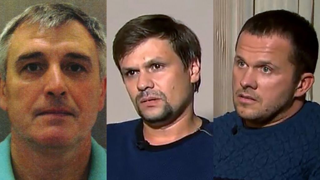 Left-to-right: Denis Sergeev, Anatoly Chepiga and Alkexander Mishkin. Sergeev travelled to the U.K. under the alias Sergey Fedotov and met Chepiga and Mishkin, both GRU agents under false identities, who carried out the poisoning of Sergei Skripal. Photos: London Metropolitan Police Service / Handout/Anadolu Agency via Getty Images; screen capture from an interview given by Chepiga and Mishkin to RT