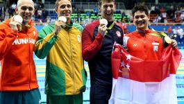 Od lewej: Laszlo Cseh, Chad le Clos, Michael Phelps, Joseph Schooling (Fot. Getty)
