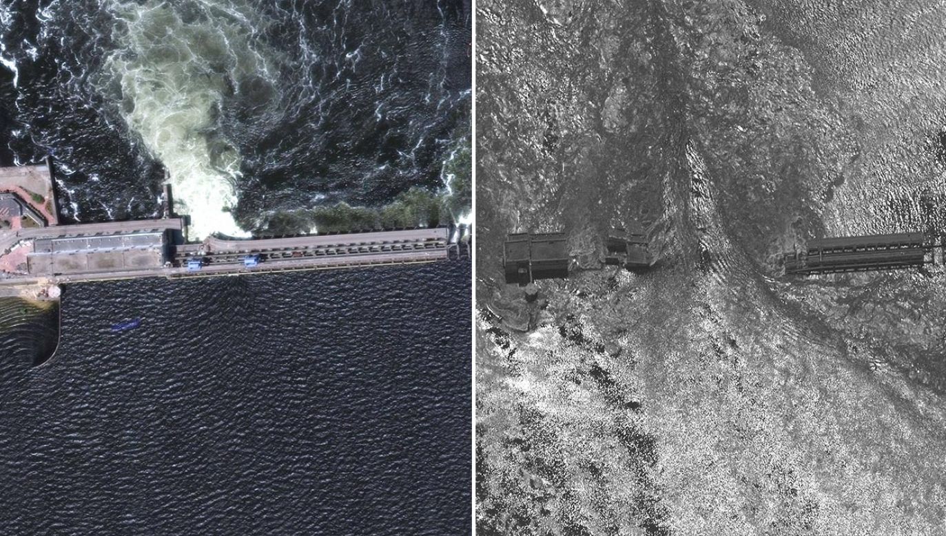 Zdjęcia satelitarne zniszczonej tamy w Nowej Kachowce (fot. PAP/EPA/MAXAR)