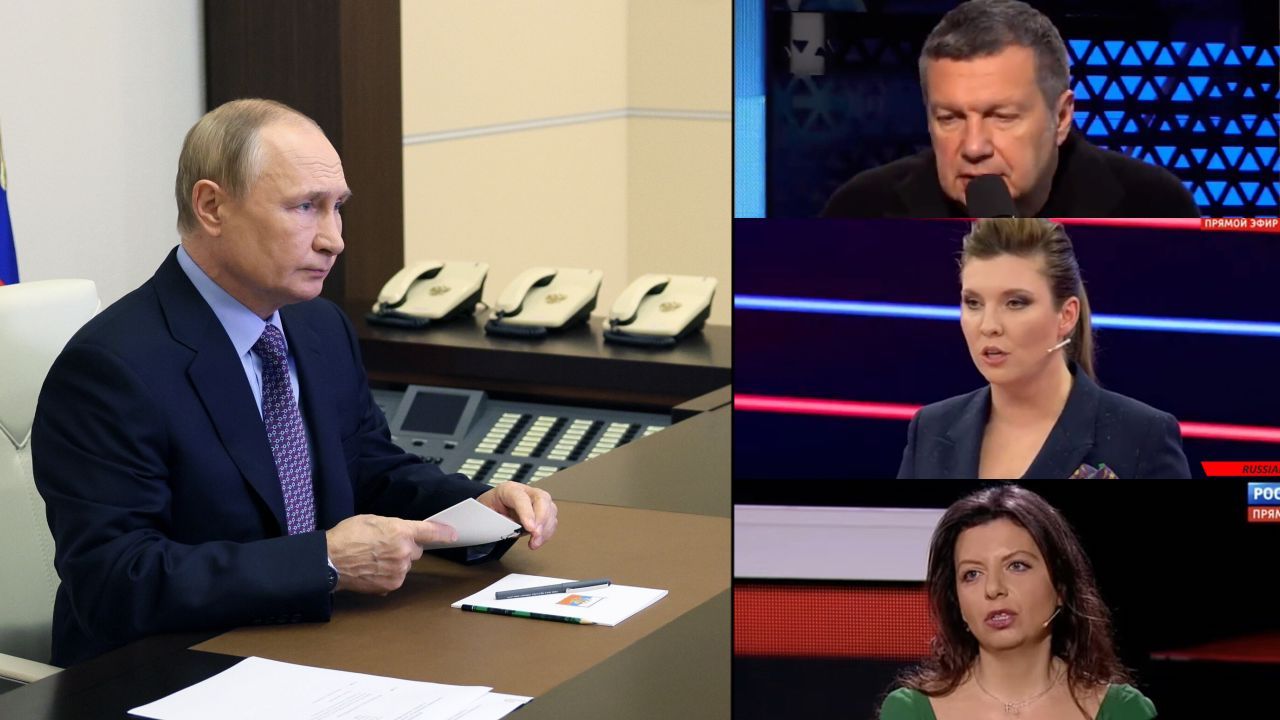 W.Putin, W. Sołowiow, O. Skabiejewa i M. Simonyan (fot. PAP/ EPA/GAVRIIL GRIGOROV/SPUTNIK, witter.com/JuliaDavisNews)