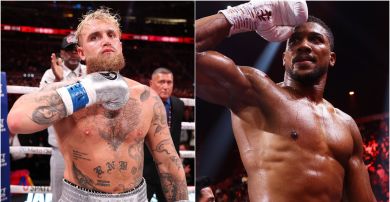 Kolaż przedstawiający po lewej stronie amerykańskiego boksera i youtubera Jake'a Paula w ringu bokserskim, z tatuażami na klatce piersiowej i ramionach, oraz po prawej stronie brytyjskiego boksera Anthony'ego Joshuę, również w ringu, z uniesioną w geście zwycięstwa prawą ręką w rękawicy. Obaj zawodnicy są w trakcie lub po walce. Zdjęcie ilustruje doniesienia medialne o planowanej walce w wadze ciężkiej między Anthonym Joshuą a Jakiem Paulem w grudniu 2025 roku (fot. Getty Images)