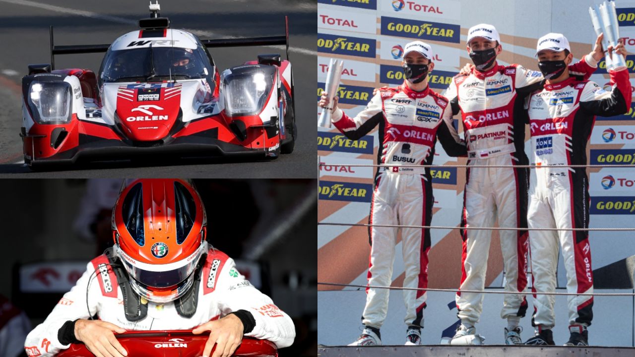 Louis Deletraz (na prawym zdjęciu, 1. z lewej) był partnerem Roberta Kubicy z zespołu WRT w sezonie 2021. Obaj zostali mistrzami European Le Mans Series (fot. Getty)