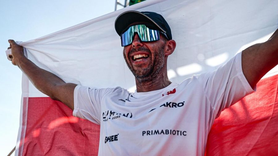 He swam 38 km, cycled 1,800 km and ran 422 km in just under 170 hours. Photo: Facebook/Jurand Czabański
