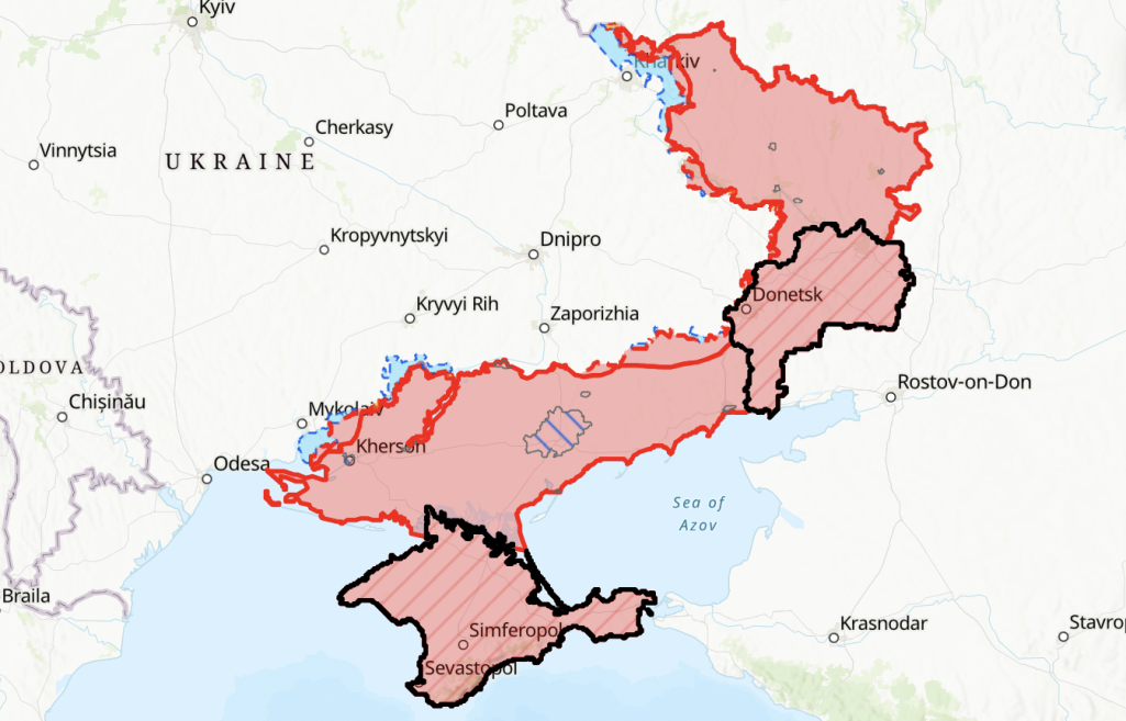 Мапа ваенных дзеянняў ва Украіне на 4 жніўня. Чырвоным пазначаныя тэрыторыі, акупаваныя Расеяй, блакітным – контрнаступ украінскага войска. Крыніца: understandingwar.org