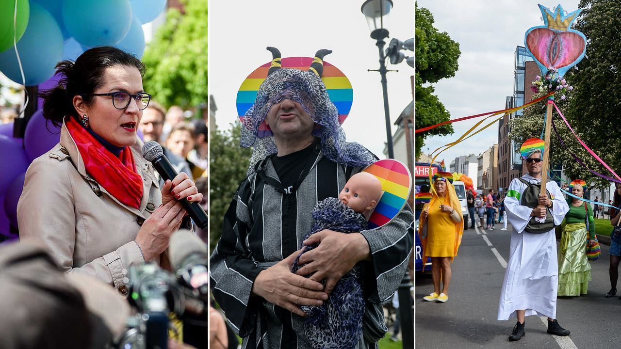 Środowiska LGBT niosły m.in. planszę, na której rysunek waginy zastąpił Najświętszy Sakrament (fot. Mateusz Slodkowski/SOPA Images/LightRocket/Getty Images) Środowiska LGBT niosły m.in. planszę, na której rysunek waginy zastąpił Najświętszy Sakrament (fot. Mateusz Slodkowski/SOPA Images/LightRocket/Getty Images)