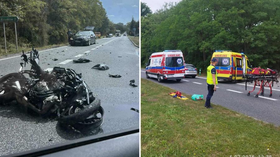 Miejsce wypadku na drodze krajowej nr 26 koło Chojny, widoczny rozbity motocykl i służby ratunkowe w akcji. (źródło: Adam Wójcik)