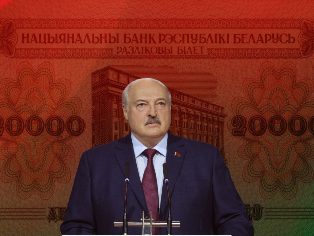 Аляксандр Лукашэнка і купюра 20 тысяч рублёў з выявай будынку Нацыянальнага банку. (Калаж: Nbrb.by / president.gov.by / Белсат)