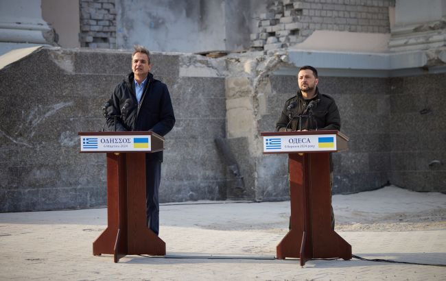 Прэм’ер-міністр Грэцыі Кірыякіс Міцатакіс і прэзідэнт Украіны Уладзімір Зяленскі ў Адэсе. 6 сакавіка 2024 года. Крыніца: president.gov.ua