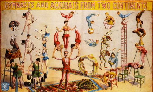Plakat cyrkowy z napisem: „Gimnastycy i akrobaci z dwóch kontynentów w aktach nieskończonej różnorodności, odwagi i oryginalności”, 1890 r. Plakat wydrukowała Russell & Morgan Factories Printing Company z siedzibą w Cincinatti w stanie Ohio. Fot. Transcendental Graphics/Getty Images