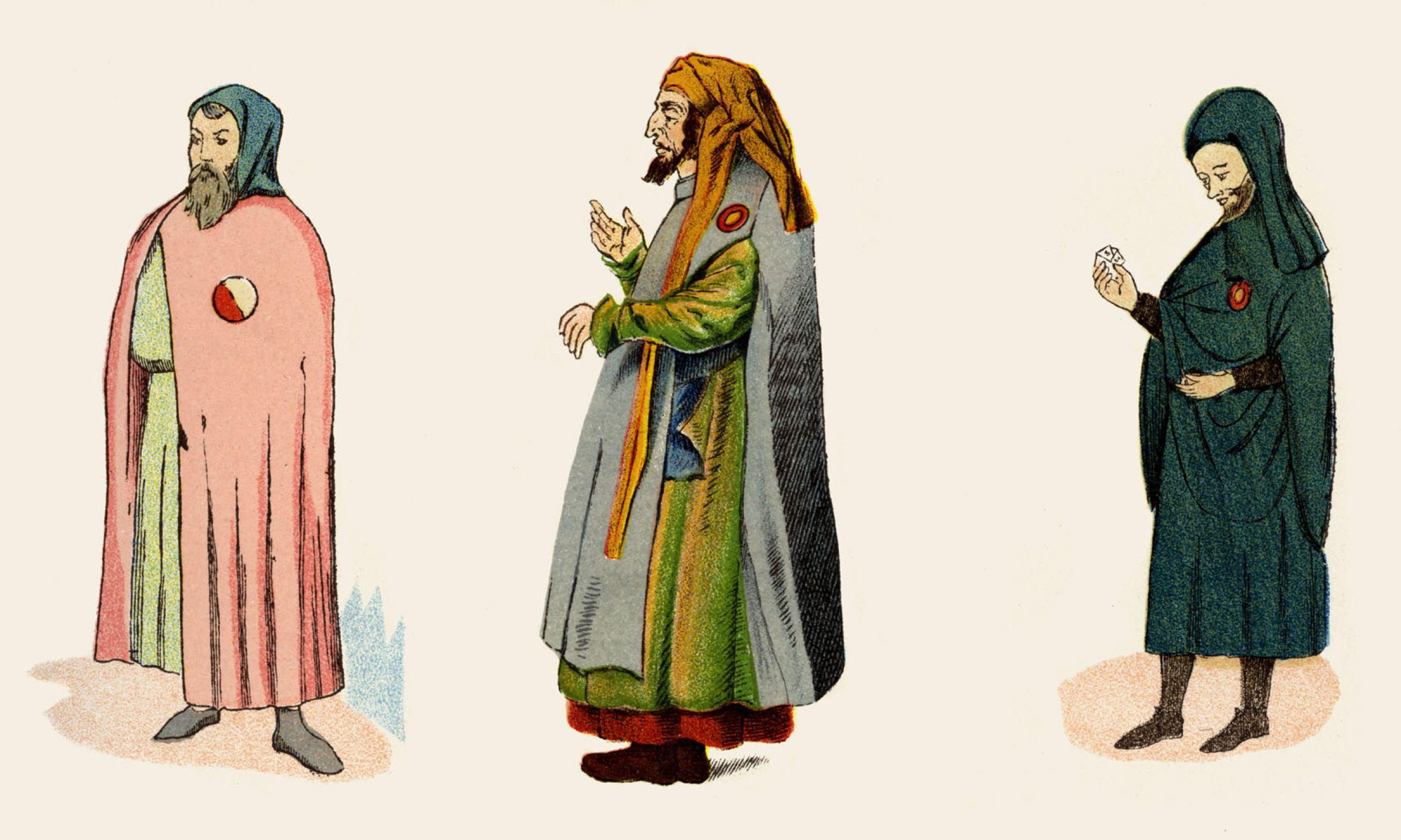 Żydzi w średniowieczu noszący identyfikacyjne odznaki. Od lewej do prawej: ilustracja z XIV-wiecznego francuskiego manuskryptu; rękopis niemiecki sprzed 1500 r.; Manresa w Katalonii, Hiszpania, 1347 r. Średniowieczne odznaki identyfikujące obywateli będących Żydami wprowadzono w wyniku czwartego Soboru Laterańskiego z 1215 r., za namową papieża Innocentego III. Fot. Culture Club / Getty Images