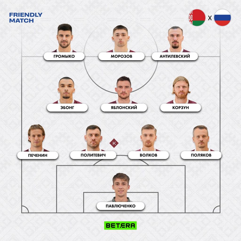 Стартавы склад нацыянальнай зборнай па футболе на таварыскую гульню з Расеяй. (Фота: Беларуская федэрацыя футболу/ФБ)