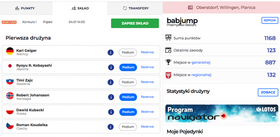 Menedżer Skoków: skład prowadzonego przez Przemysława Babiarza zespołu "babjump" Menedżer Skoków: skład prowadzonego przez Przemysława Babiarza zespołu "babjump"
