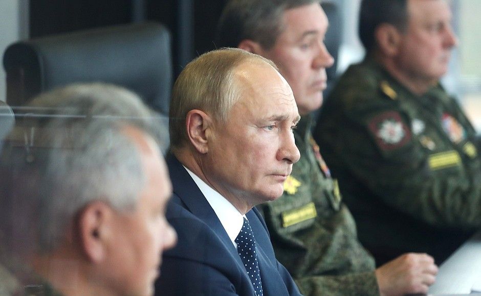 Уладзімір Пуцін на вучэннях «Захад-2021». (Фота: kremlin.ru)