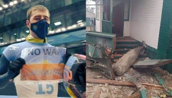 Władzisław Geraskiewicz i zniszczony dom w Czernihowie (fot: Instagram/PAP) Władzisław Geraskiewicz i zniszczony dom w Czernihowie