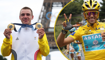 Remco Evenepoel po wywalczeniu medali olimpijskich i Alberto Contador świętujący triumf w Tour de France (fot. Getty Images)