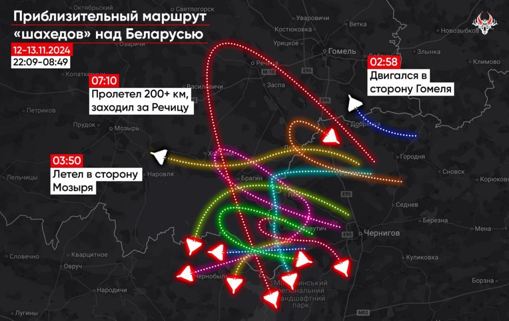 Схема пралёту беспілотнікаў над Беларуссю ў ноч з 12 на 13 лістапада. Крыніца: Беларускі Гаюн