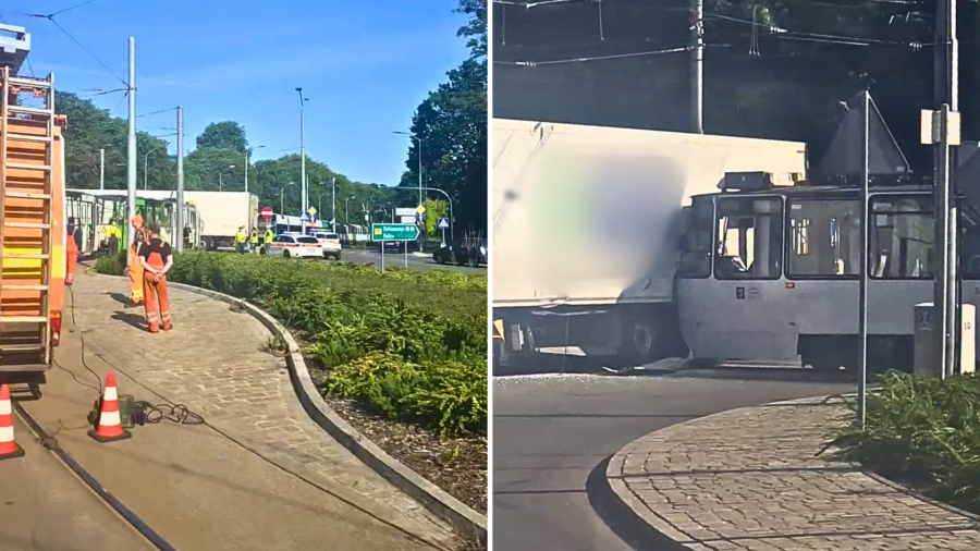 Zderzenie tramwaju z ciężarówką. Rondo Olszewskiego, Szczecin (źródło: facebook.com / Suszą Szczecin)