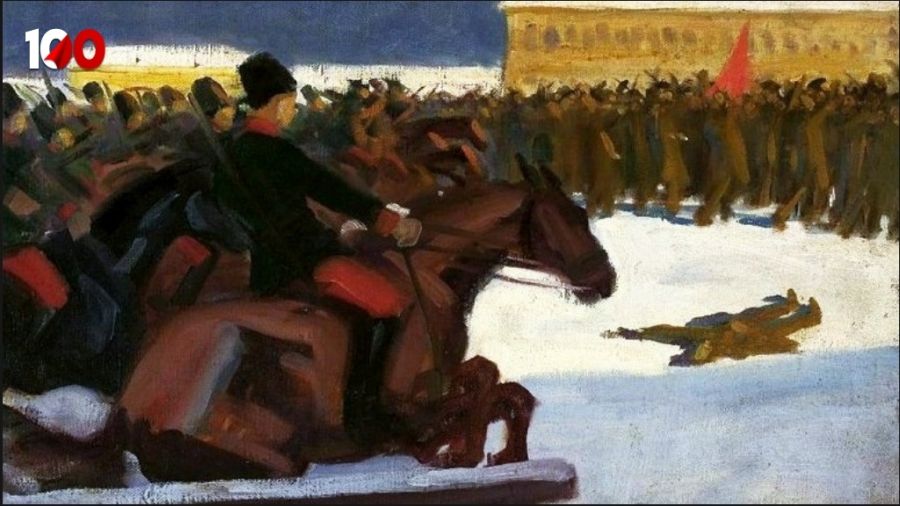 „Demonstracja uliczna w 1905”, praca Władysława Skoczylasa. Fot. Wikimedia/cyfrowe.mnw.art.pl