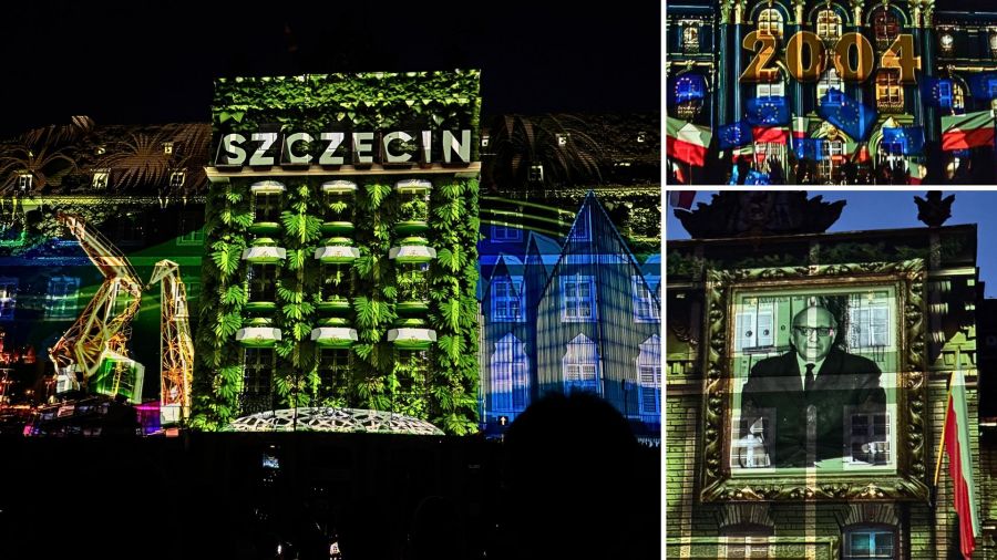 Fasada Urzędu Miasta w Szczecinie oświetlona podczas urodzinowego mappingu na 80-lecie miasta.
