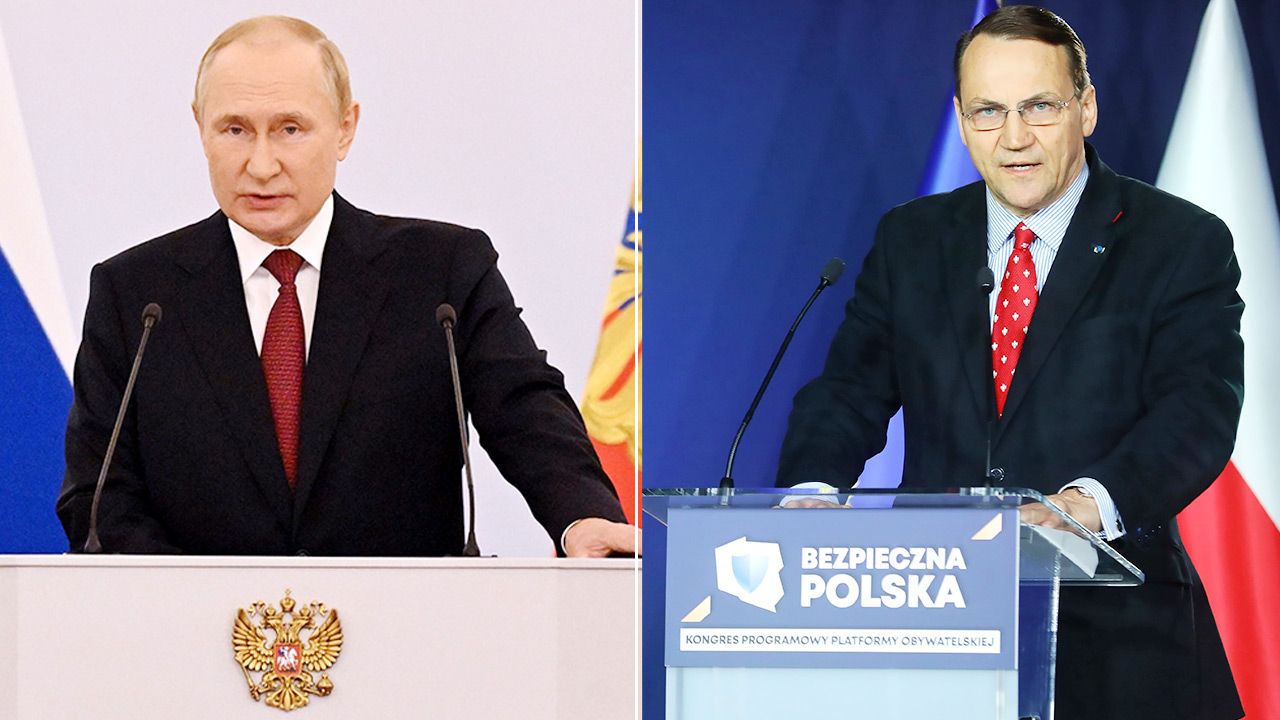 Władimir Putin i Radosław Sikorski (fot. PAP/EPA/GRIGORY SYSOEV/SPUTNIK/KREMLIN POOL; PAP/Rafał Guz)